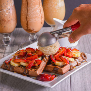 Colorful Fresh Fruit Caramel Ice Cream Waffle